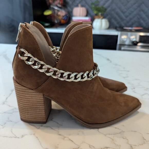 Steve Madden Tan Suede Leather Cedar Chain Block Heel Ankle Boot Cowboy Bootie 8 - Picture 1 of 8